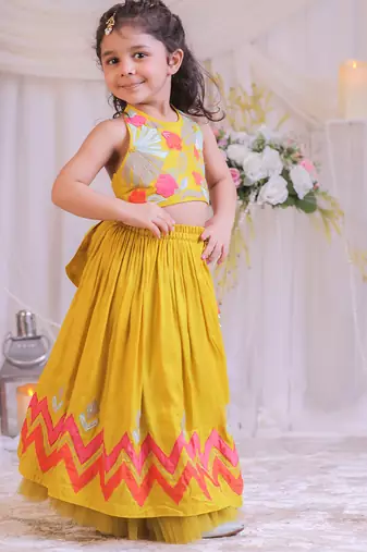 Mustard yellow embroidered silk lehenga choli