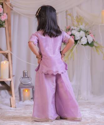 Lilac embroidered shimmer silk kurti set 3