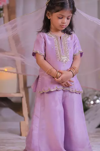 Lilac embroidered shimmer silk kurti set