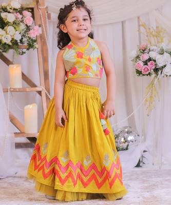 Mustard yellow embroidered silk lehenga choli 3