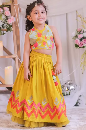 Mustard yellow embroidered silk lehenga choli