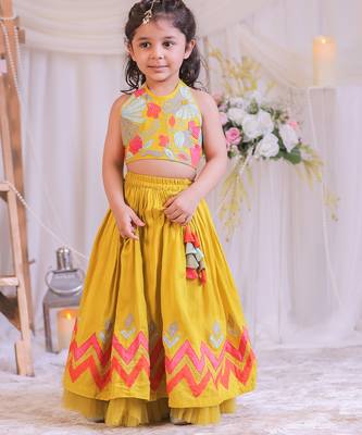 Mustard yellow embroidered silk lehenga choli 4