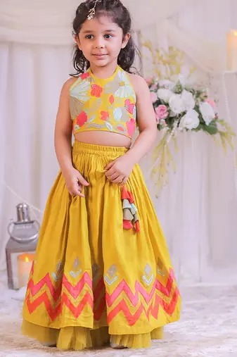 Mustard yellow embroidered silk lehenga choli
