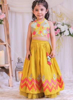 Mustard yellow embroidered silk lehenga choli 5
