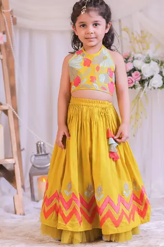 Mustard yellow embroidered silk lehenga choli