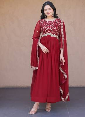 Women georgette with zari & sequins embroidered work kurta & dupatta set 1