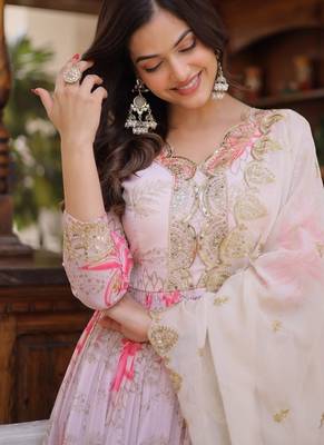 Women silk blend with zari & sequins embroidered work kurta & dupatta set 3