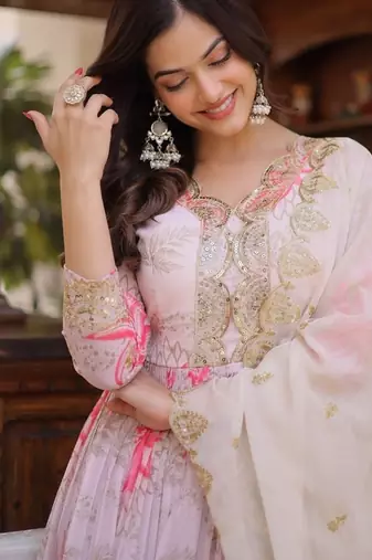 Women silk blend with zari & sequins embroidered work kurta & dupatta set