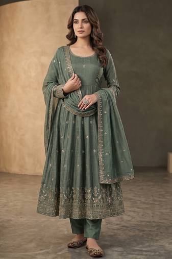 Elegant sage green anarkali suit set with zari embroidery & dupatta