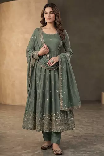 Elegant sage green anarkali suit set with zari embroidery & dupatta