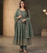 Elegant sage green anarkali suit set with zari embroidery & dupatta