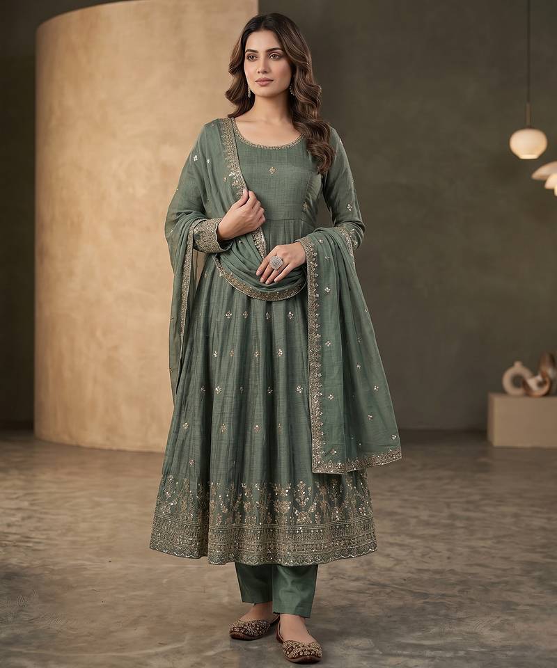 Elegant sage green anarkali suit set with zari embroidery & dupatta