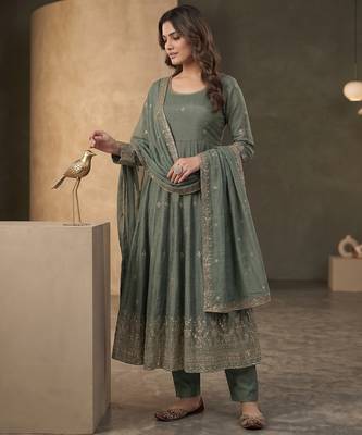 Elegant sage green anarkali suit set with zari embroidery & dupatta 2