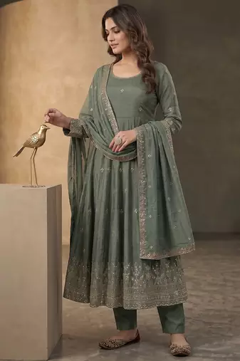 Elegant sage green anarkali suit set with zari embroidery & dupatta