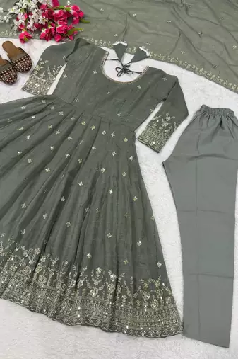 Elegant sage green anarkali suit set with zari embroidery & dupatta