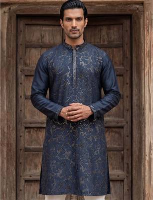 Mens silk blend green solid embroidered calf length straight kurta 1