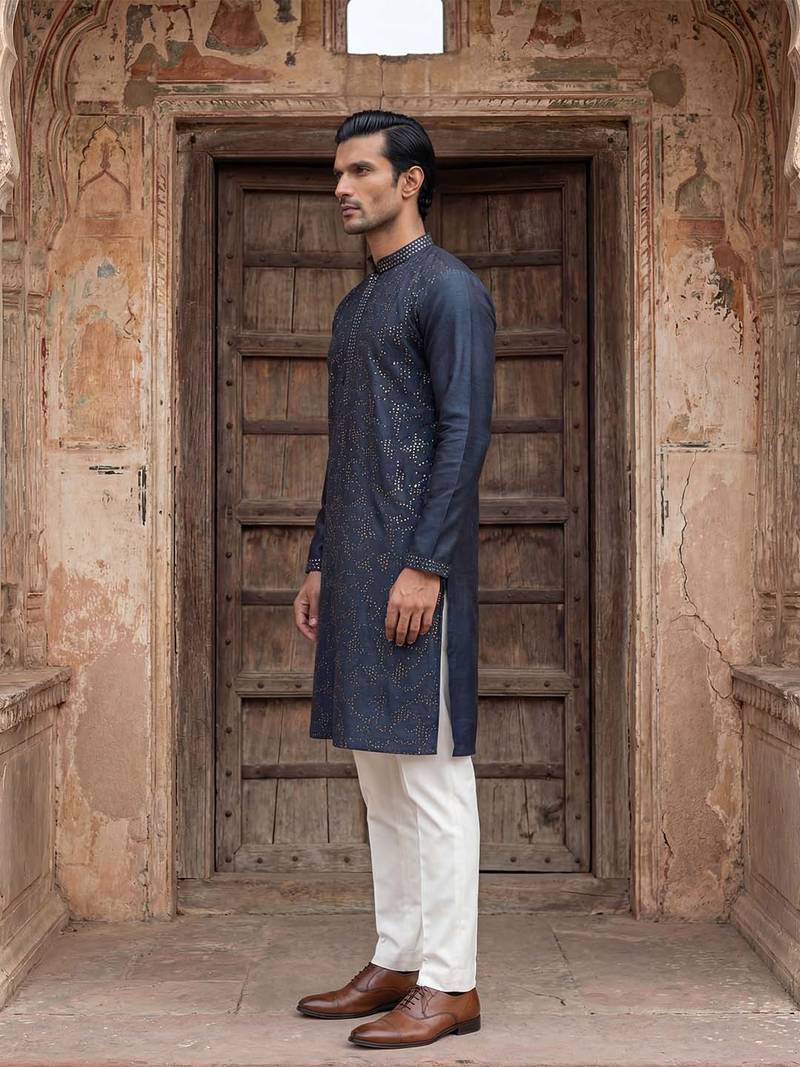 Mens silk blend green solid embroidered calf length straight kurta