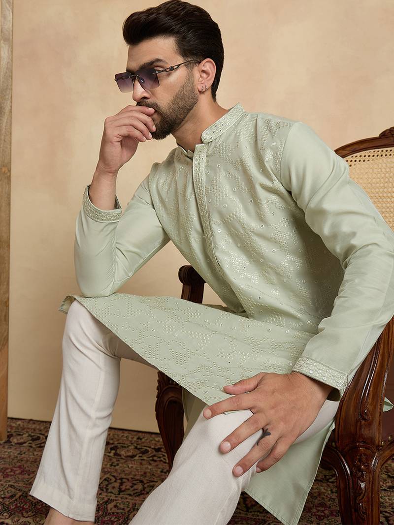 Mens silk blend green solid embroidered calf length straight kurta