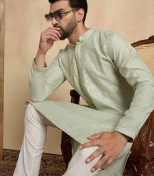 Mens silk blend green solid embroidered calf length straight kurta
