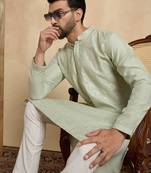 Mens silk blend green solid embroidered calf length straight kurta