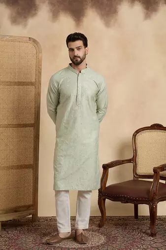 Mens silk blend green solid embroidered calf length straight kurta
