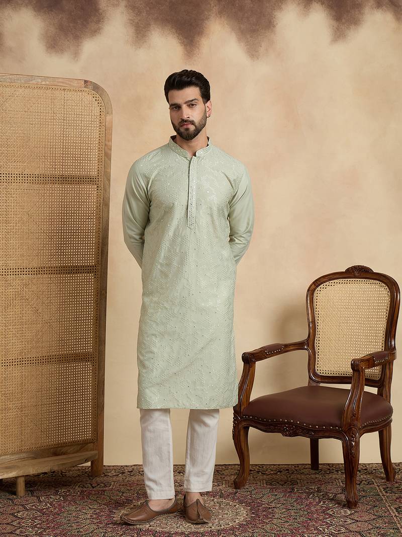 Mens silk blend green solid embroidered calf length straight kurta