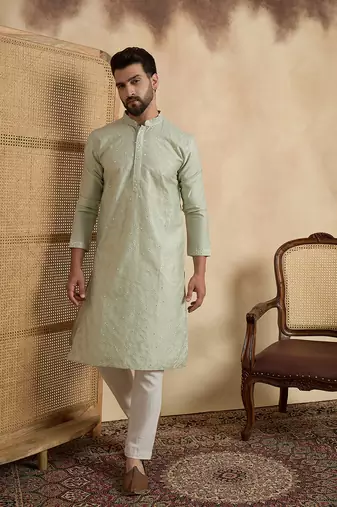 Mens silk blend green solid embroidered calf length straight kurta