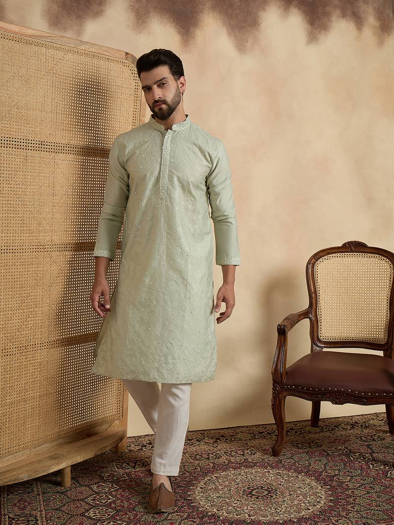 Mens silk blend green solid embroidered calf length straight kurta