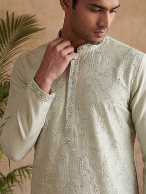 Mens silk blend green solid embroidered calf length straight kurta 3