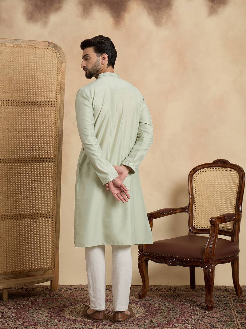 Mens silk blend green solid embroidered calf length straight kurta