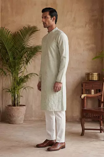 Mens silk blend green solid embroidered calf length straight kurta