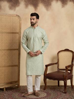 Mens silk blend green solid embroidered calf length straight kurta 5