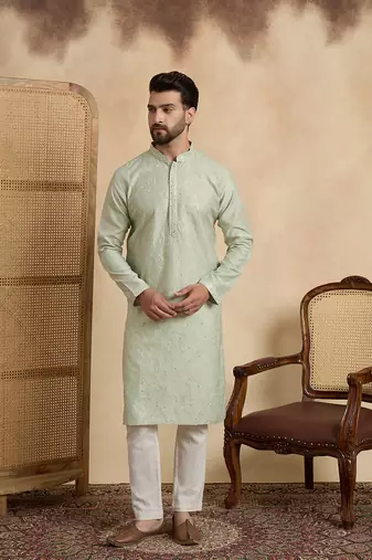 Mens silk blend green solid embroidered calf length straight kurta