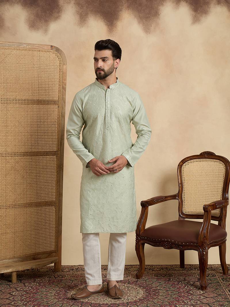Mens silk blend green solid embroidered calf length straight kurta