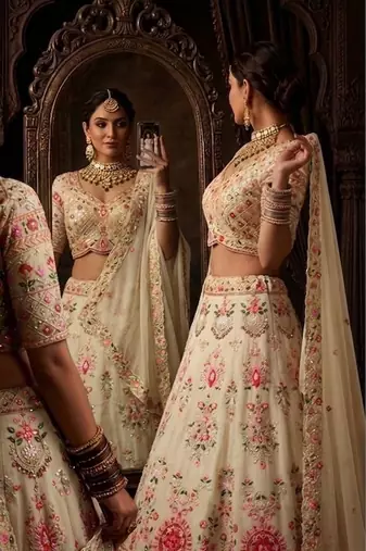 CREAM GEORGETTE PARTY WEAR EMBROIDERY LEHENGA CHOLI