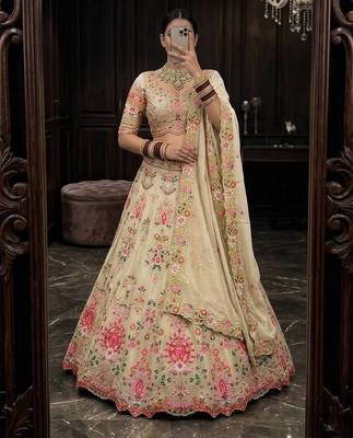 CREAM GEORGETTE PARTY WEAR EMBROIDERY LEHENGA CHOLI 3