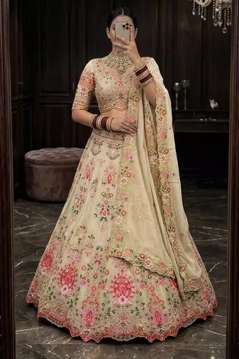 CREAM GEORGETTE PARTY WEAR EMBROIDERY LEHENGA CHOLI