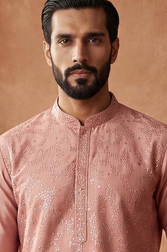 Mens silk blend peach solid embroidered calf length straight kurta