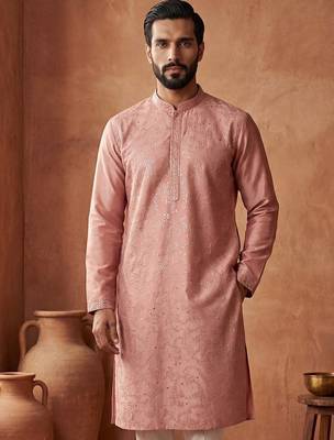 Mens silk blend peach solid embroidered calf length straight kurta 4