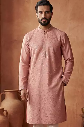 Mens silk blend peach solid embroidered calf length straight kurta