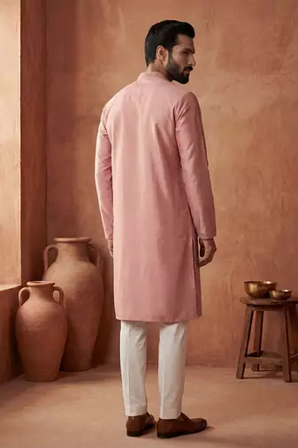 Mens silk blend peach solid embroidered calf length straight kurta