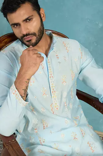 Mens silk blend blue solid embroidered calf length straight kurta