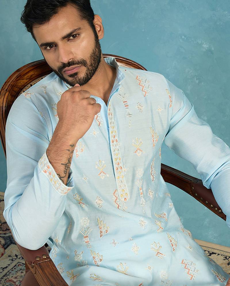 Mens silk blend blue solid embroidered calf length straight kurta