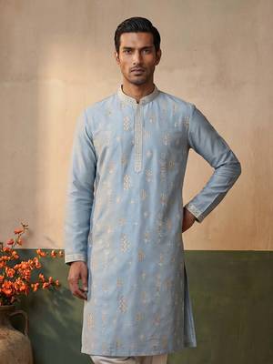 Mens silk blend blue solid embroidered calf length straight kurta 1