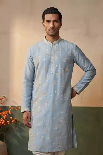 Mens silk blend blue solid embroidered calf length straight kurta