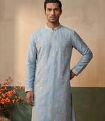 Mens silk blend blue solid embroidered calf length straight kurta