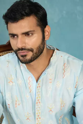 Mens silk blend blue solid embroidered calf length straight kurta