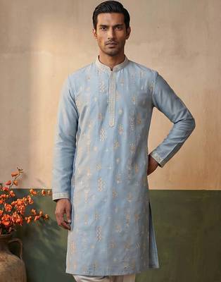 Mens silk blend blue solid embroidered calf length straight kurta 2