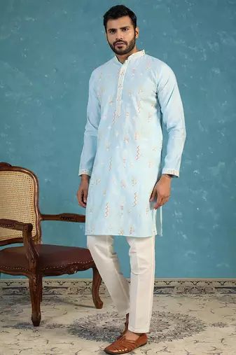Mens silk blend blue solid embroidered calf length straight kurta