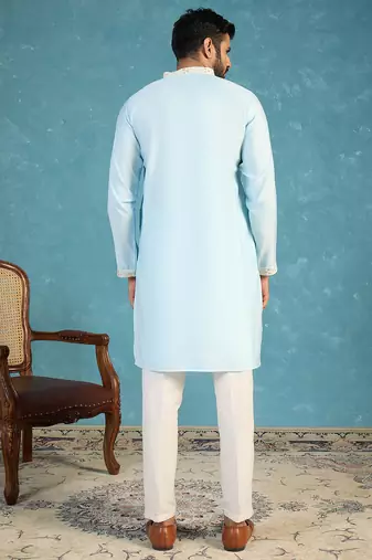 Mens silk blend blue solid embroidered calf length straight kurta